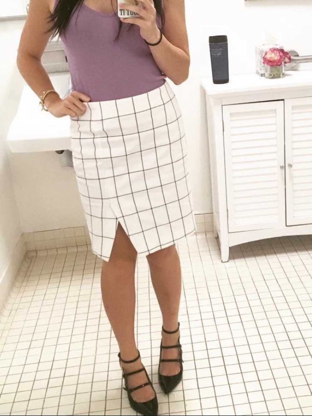 Banana Republic White Windowpane Pencil Skirt with Navy Grid